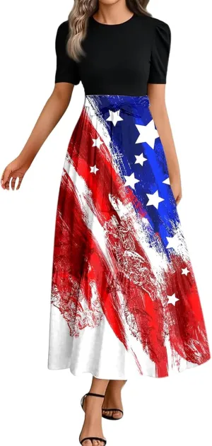 Independence Day Summer Dresses for Women Tie Belted Ruffle Hem A Line Boho Maxi Dress Short Sleeve Flowy Long Dress