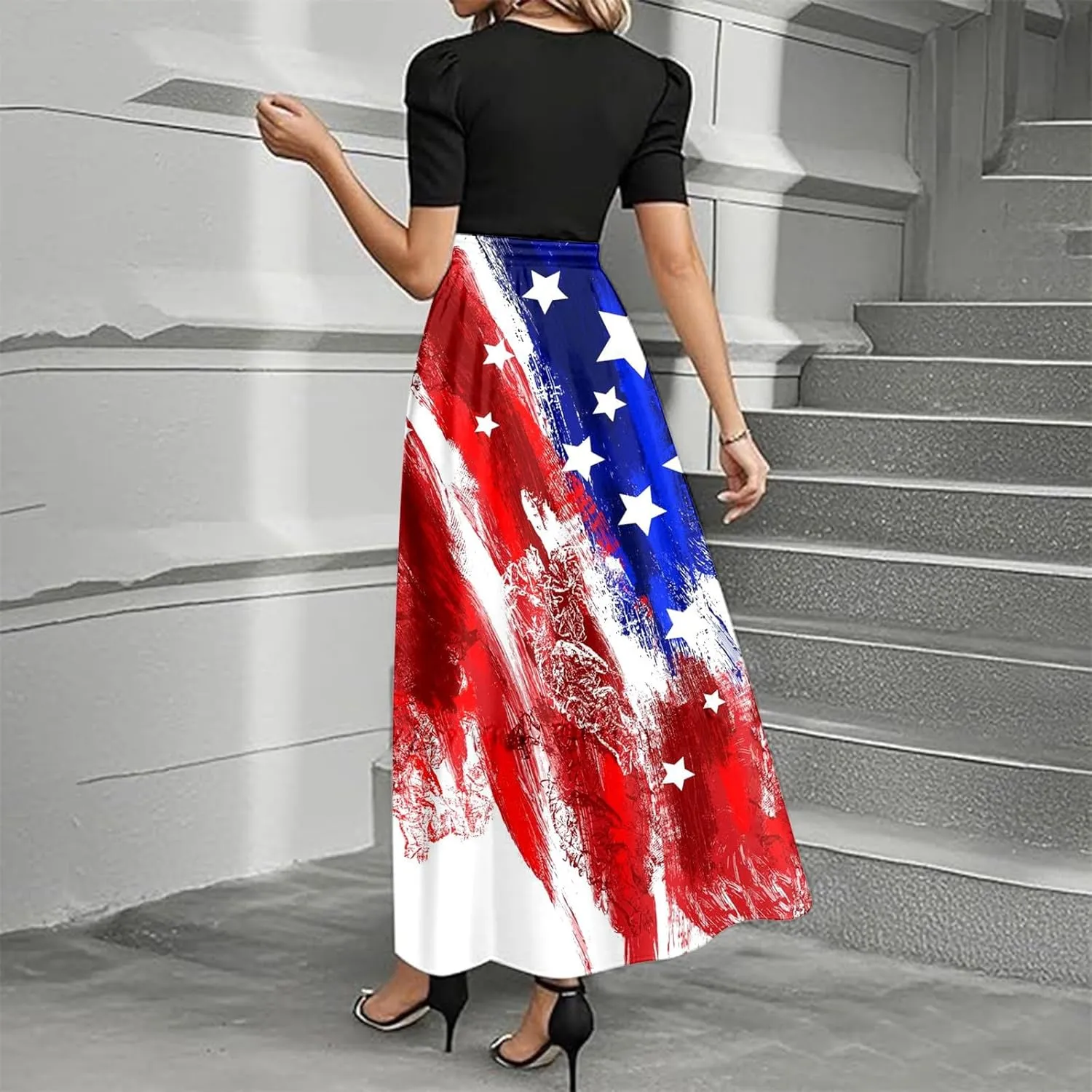 Independence Day Summer Dresses for Women Tie Belted Ruffle Hem A Line Boho Maxi Dress Short Sleeve Flowy Long Dress