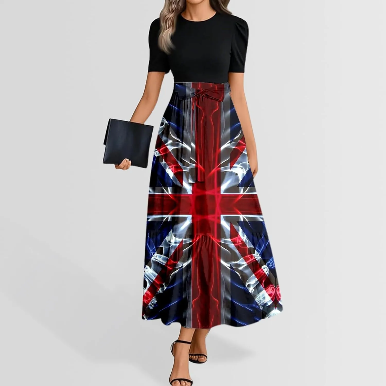 Independence Day Summer Dresses for Women Tie Belted Ruffle Hem A Line Boho Maxi Dress Short Sleeve Flowy Long Dress