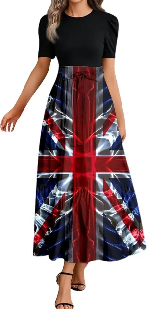 Independence Day Summer Dresses for Women Tie Belted Ruffle Hem A Line Boho Maxi Dress Short Sleeve Flowy Long Dress