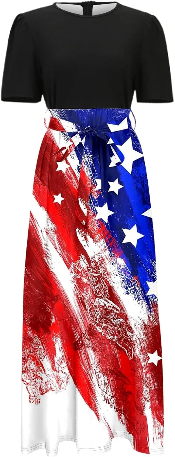 Independence Day Summer Dresses for Women Tie Belted Ruffle Hem A Line Boho Maxi Dress Short Sleeve Flowy Long Dress
