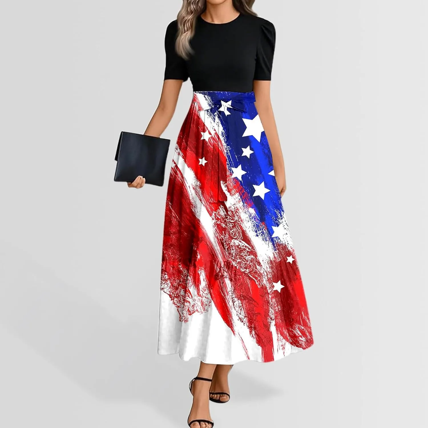 Independence Day Summer Dresses for Women Tie Belted Ruffle Hem A Line Boho Maxi Dress Short Sleeve Flowy Long Dress