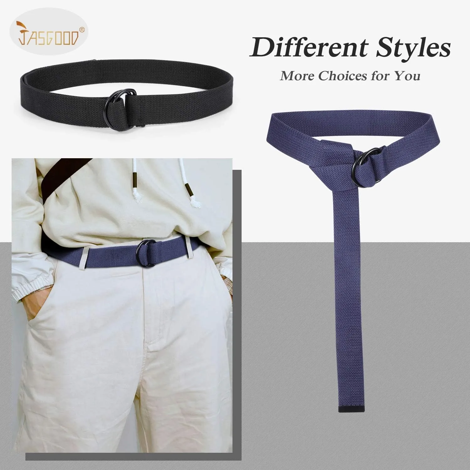 JASGOOD Men Canvas Belt Web Fabric Casual Belt with Black Double D-ring 1 1/2" Wide Set of 2