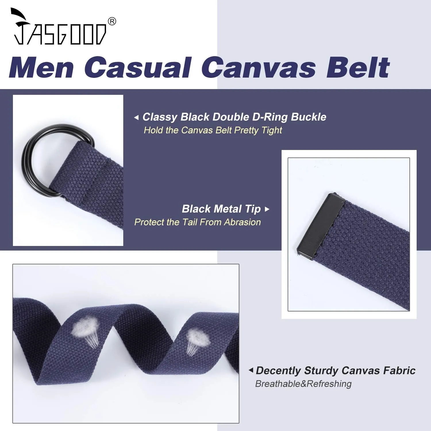 JASGOOD Men Canvas Belt Web Fabric Casual Belt with Black Double D-ring 1 1/2" Wide Set of 2