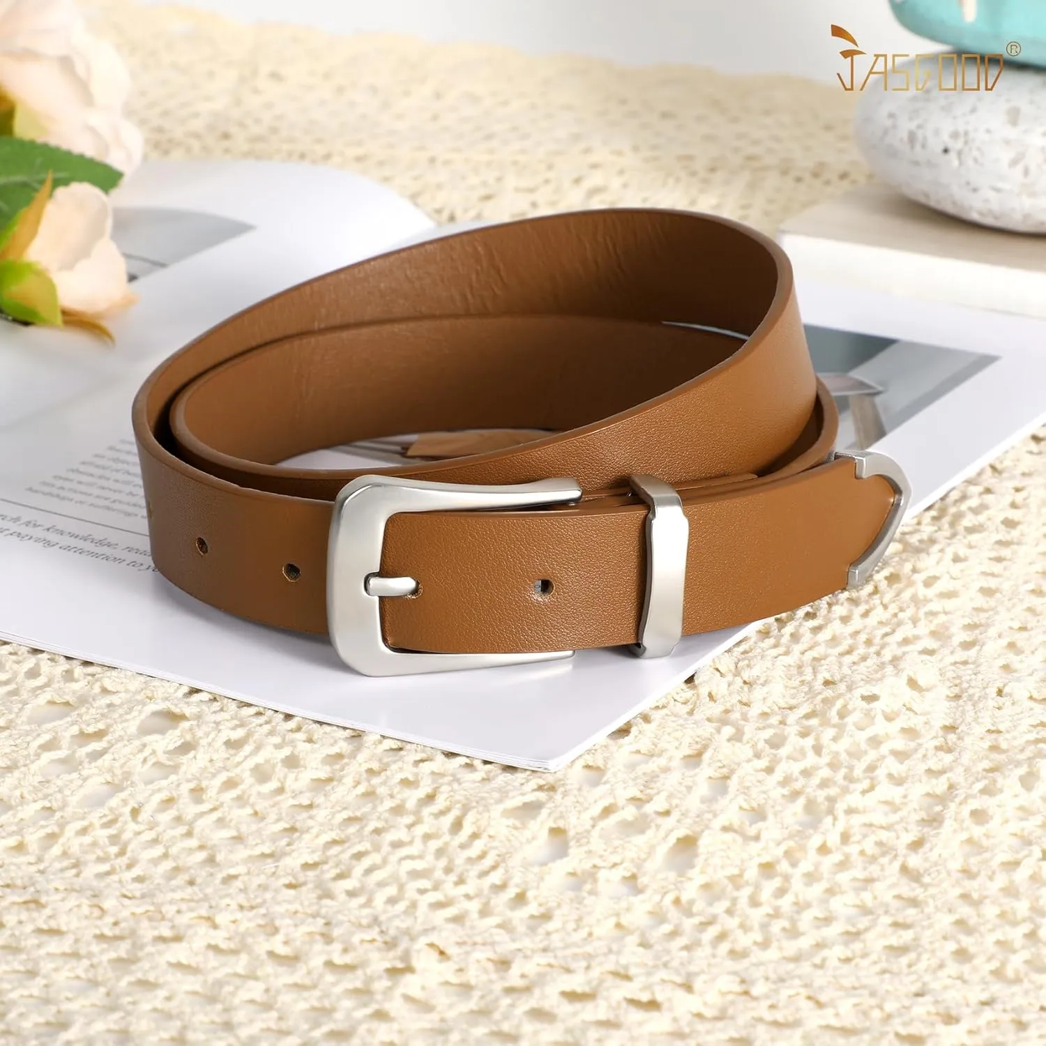 JASGOOD Women Leather Belt for Jeans Pants Ladies Waist Belt for Dress with Metal Buckle