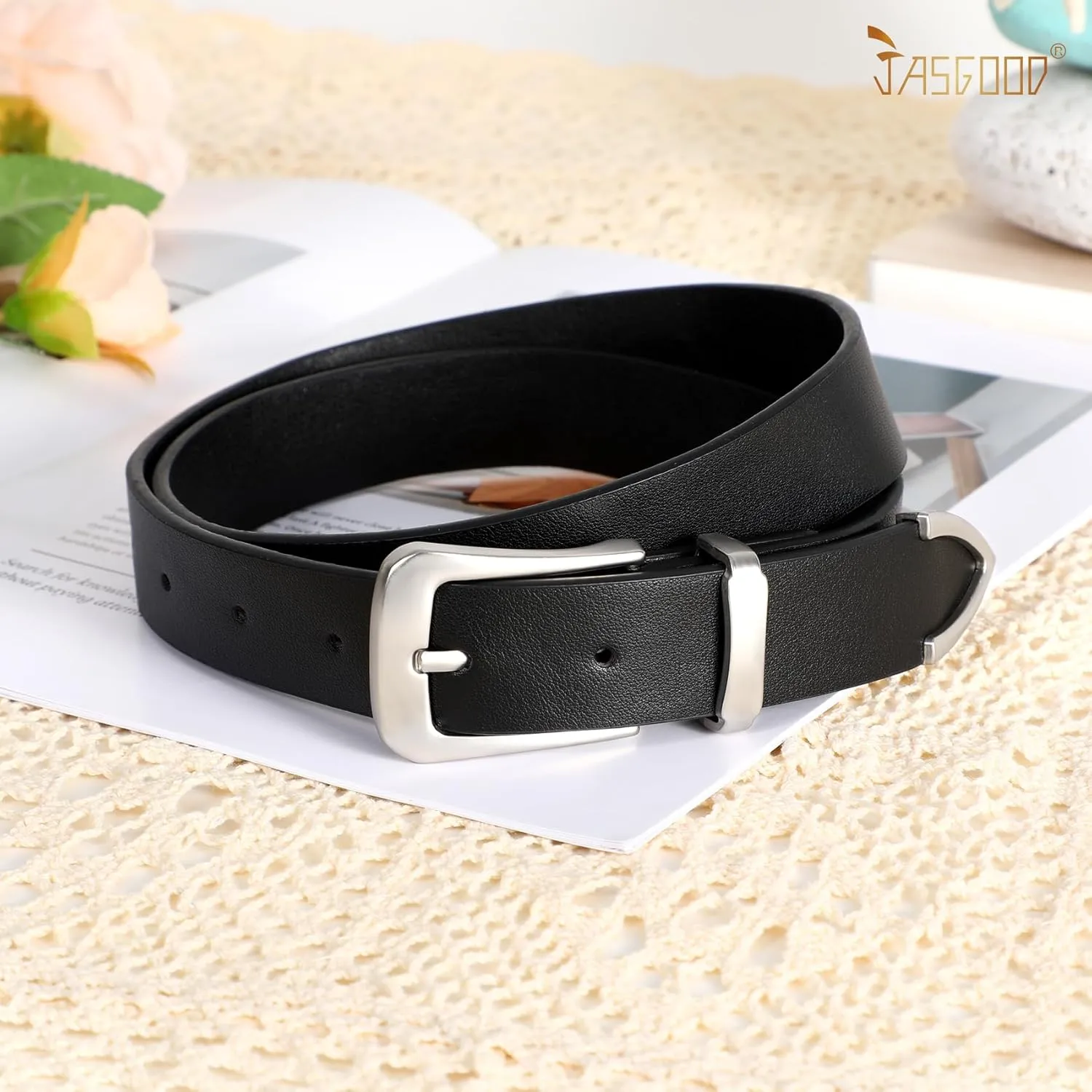 JASGOOD Women Leather Belt for Jeans Pants Ladies Waist Belt for Dress with Metal Buckle