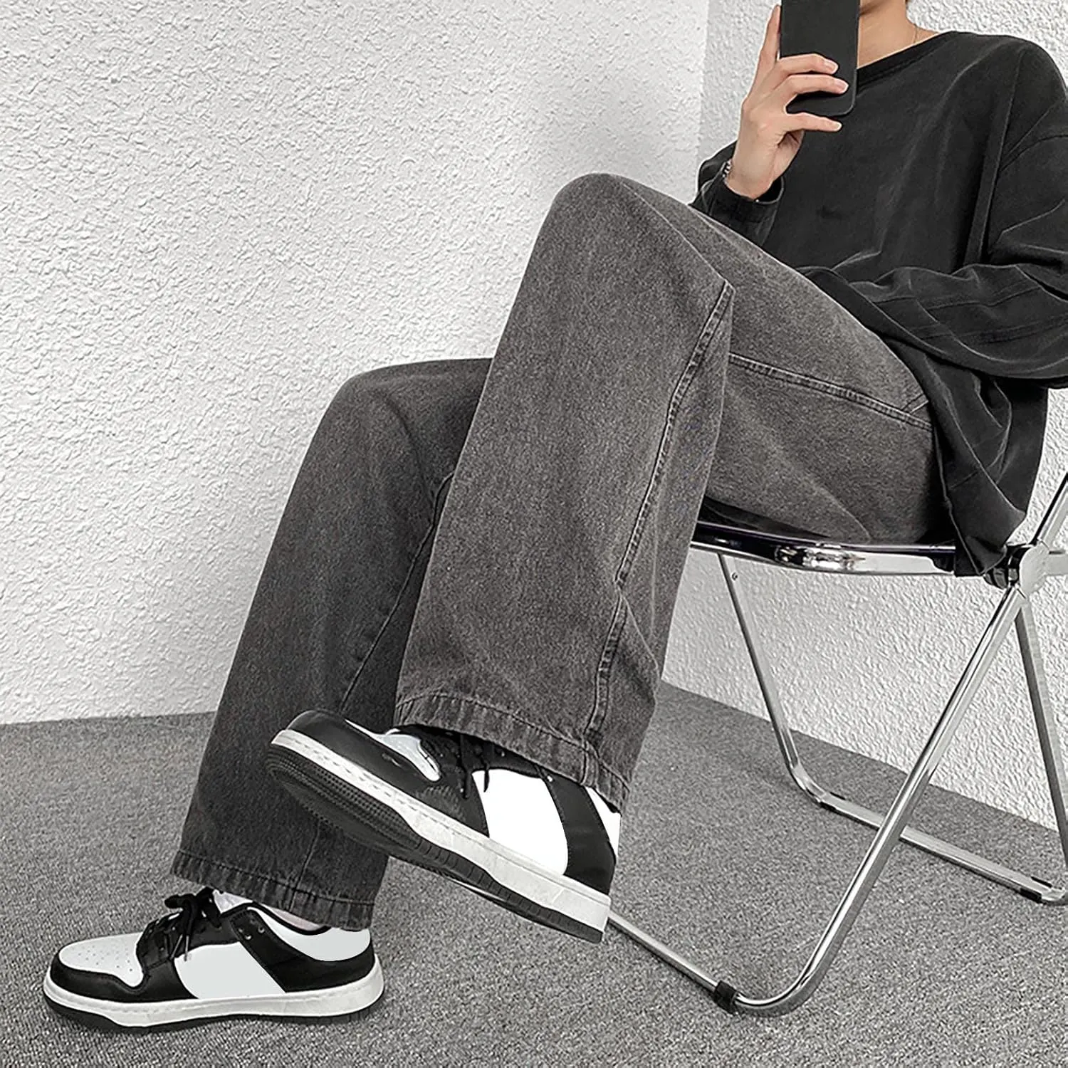 Jeans for Men Relaxed Fit Trousers Pure Colour Jean with Zipper Pocket Jean Trouser Solid Fashion Loose Wide Men's