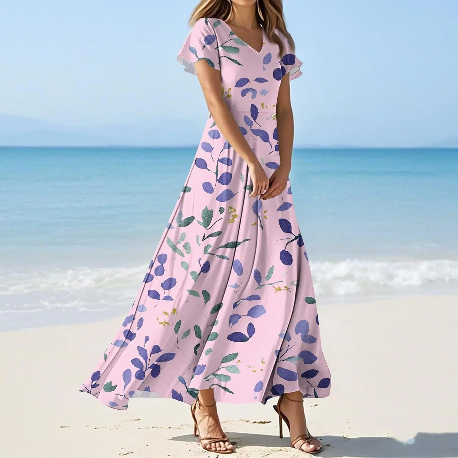 JJHAEVDY Summer Dresses for Women Loose Short Sleeve Dress V Neck Casual Maxi Dress Print Flowy Swing Beach Vacation Dress