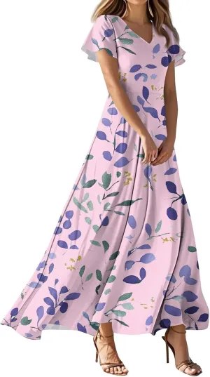 JJHAEVDY Summer Dresses for Women Loose Short Sleeve Dress V Neck Casual Maxi Dress Print Flowy Swing Beach Vacation Dress