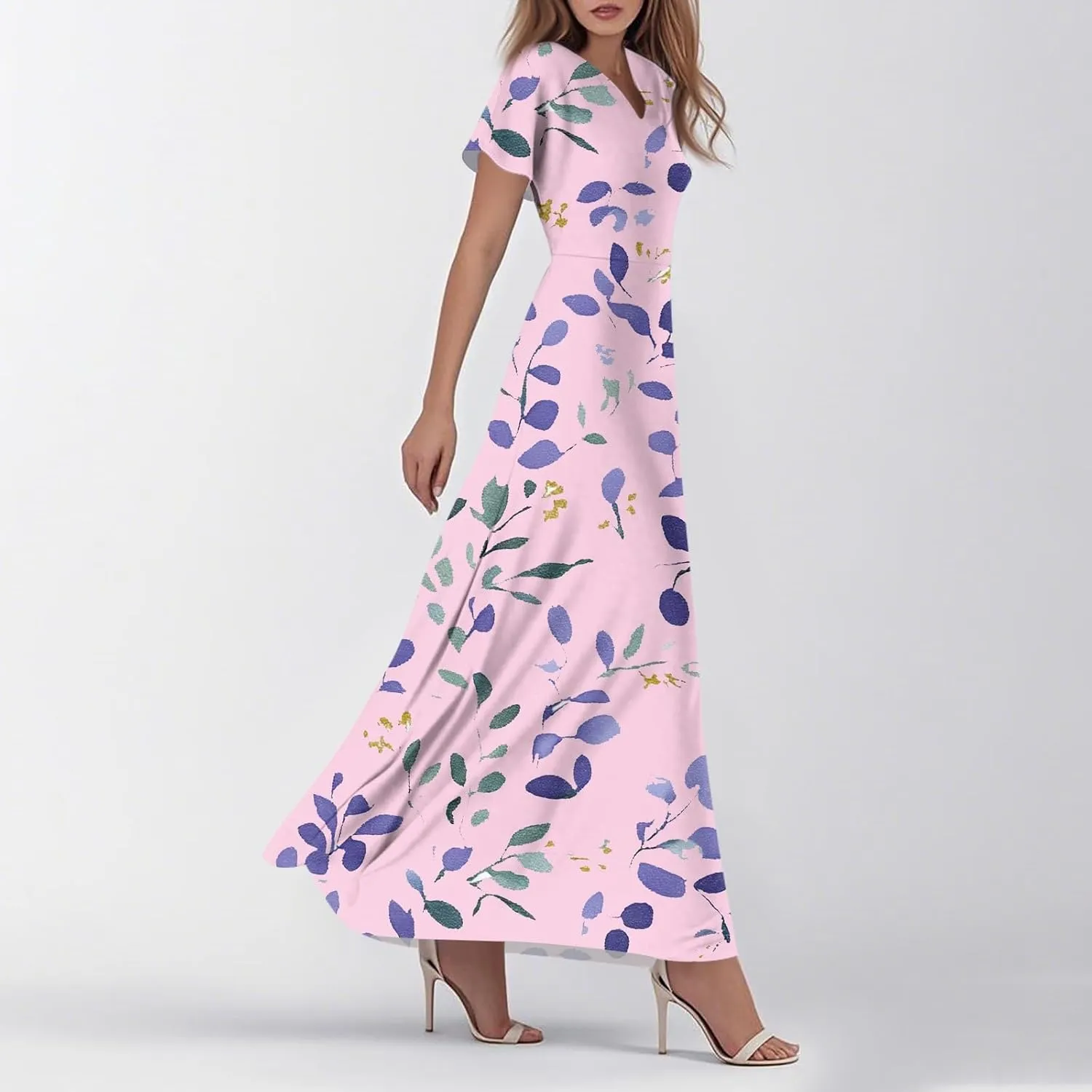 JJHAEVDY Summer Dresses for Women Loose Short Sleeve Dress V Neck Casual Maxi Dress Print Flowy Swing Beach Vacation Dress