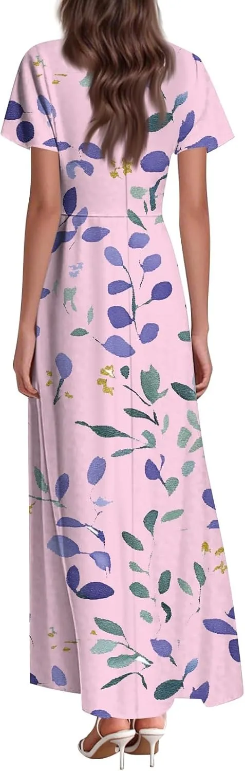 JJHAEVDY Summer Dresses for Women Loose Short Sleeve Dress V Neck Casual Maxi Dress Print Flowy Swing Beach Vacation Dress