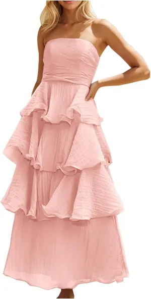 JOAU Women's Summer Sleeveless Strapless Maxi Dress Ruffle Tiered Smocked A-Line Wedding Guest Cocktail Party Long Dresses