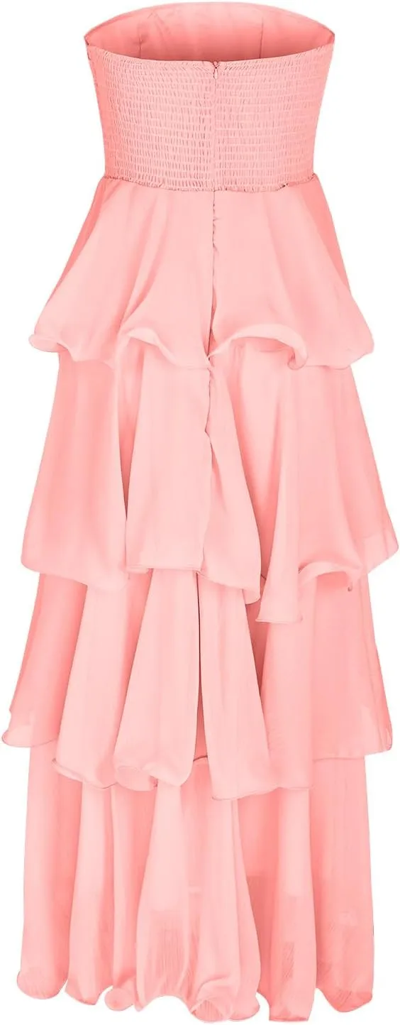 JOAU Women's Summer Sleeveless Strapless Maxi Dress Ruffle Tiered Smocked A-Line Wedding Guest Cocktail Party Long Dresses