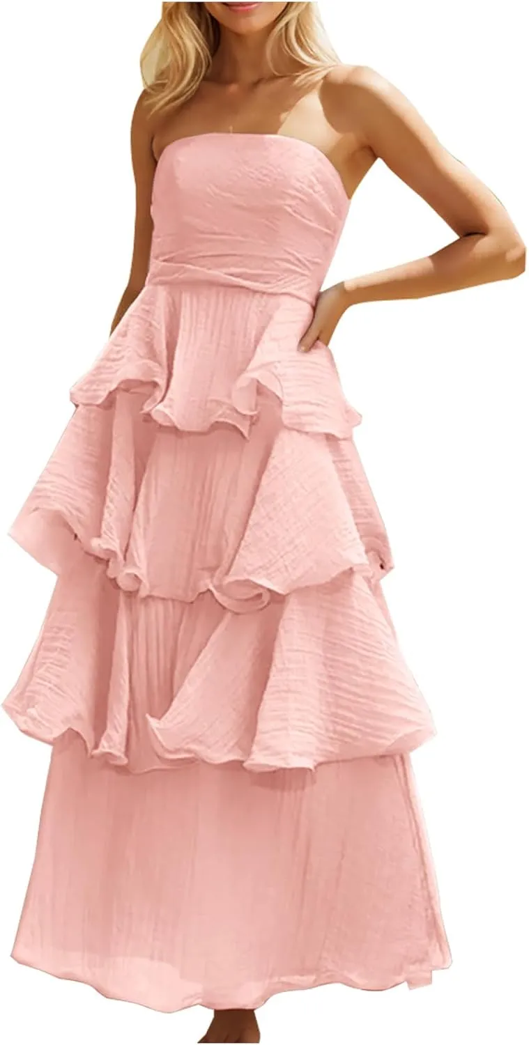 JOAU Women's Summer Sleeveless Strapless Maxi Dress Ruffle Tiered Smocked A-Line Wedding Guest Cocktail Party Long Dresses
