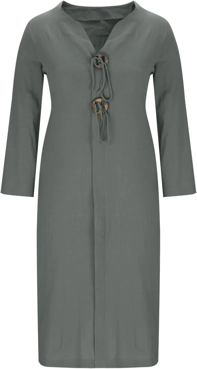 jsaierl Women Button Down V Neck Long Sleeve Cotton Linen Shirts Dress Oversized Flowy Shift Dress Solid Plus Size Maxi Dress