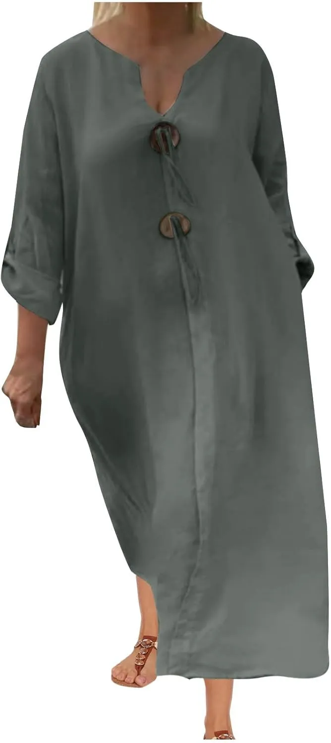 jsaierl Women Button Down V Neck Long Sleeve Cotton Linen Shirts Dress Oversized Flowy Shift Dress Solid Plus Size Maxi Dress