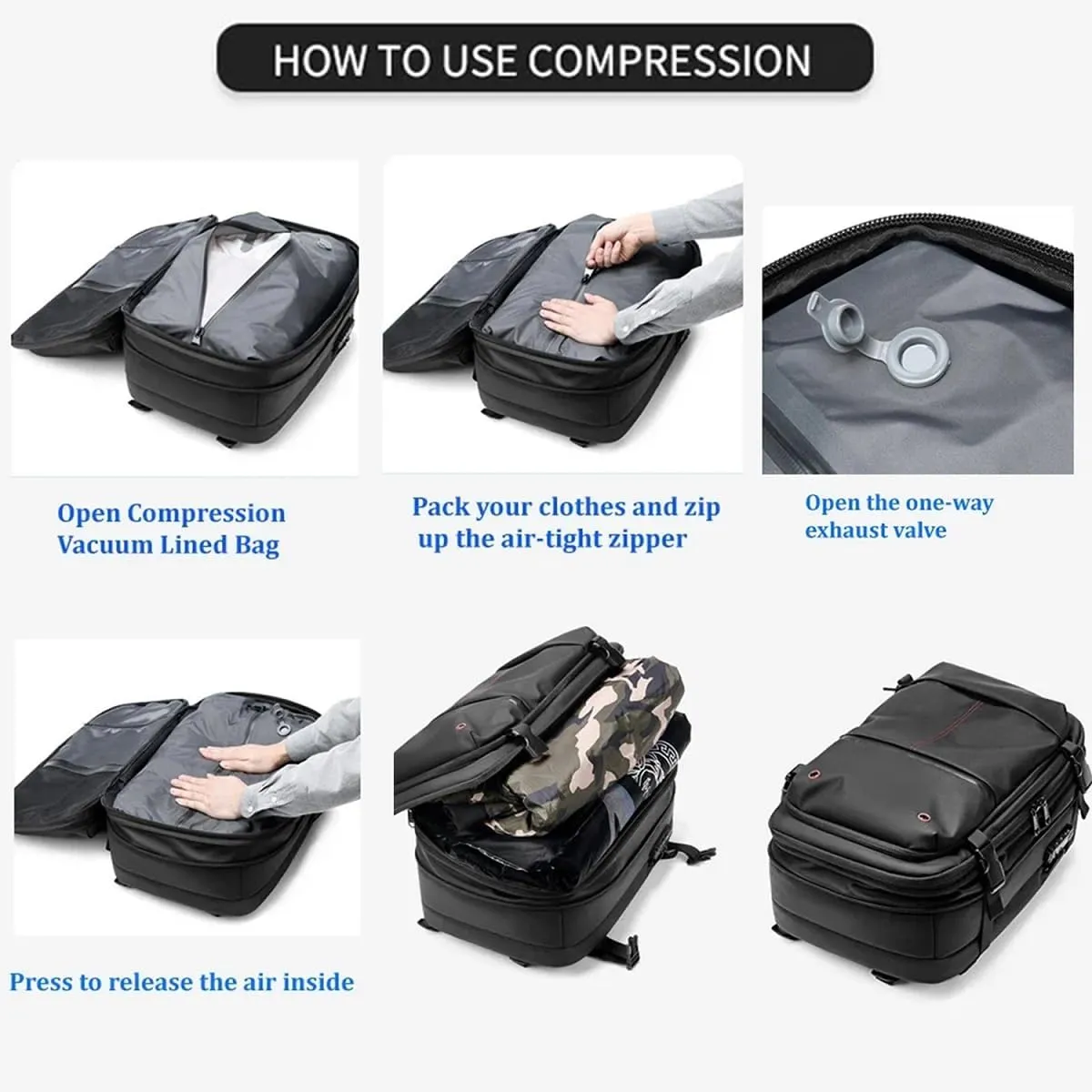 Kapley Vacpack Backpack, Vacuum Large-capacity Compression Backpack, Men's Multifunction Expandable Carry On Travel Backpack (Black, with Pocket Vaccum)