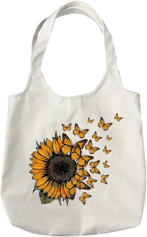 KIEKIECOO Cute Floral Canvas Tote Bag for School Aesthetic Sunflower Graphic Canvas Bags With Handles Reusable Shopping Bag