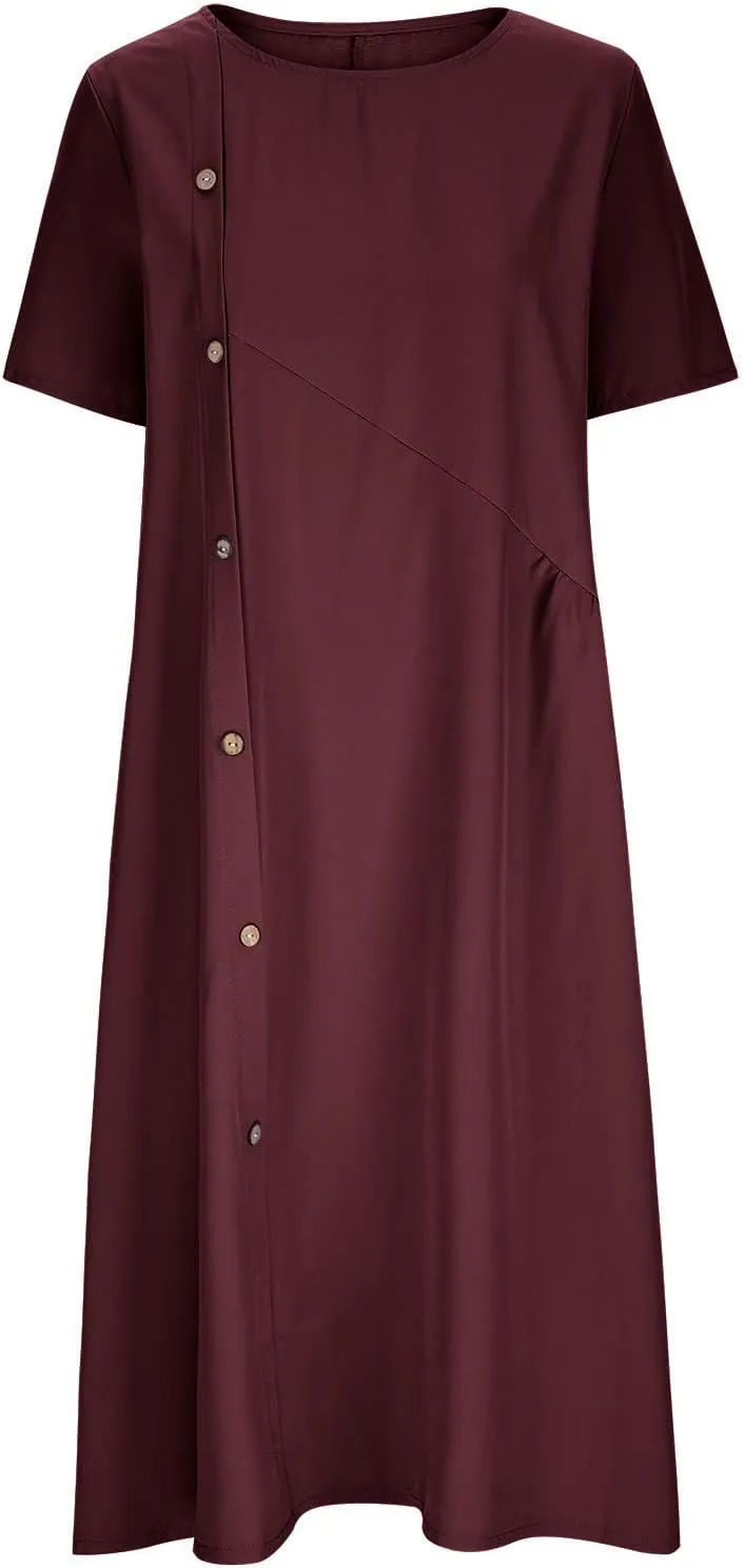 LEMONONSTORE Short Sleeve Summer Dress Women Button Asymmetric Pleated A Line Dresses Casual Beach Midi Dress with Pockets