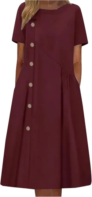 LEMONONSTORE Short Sleeve Summer Dress Women Button Asymmetric Pleated A Line Dresses Casual Beach Midi Dress with Pockets