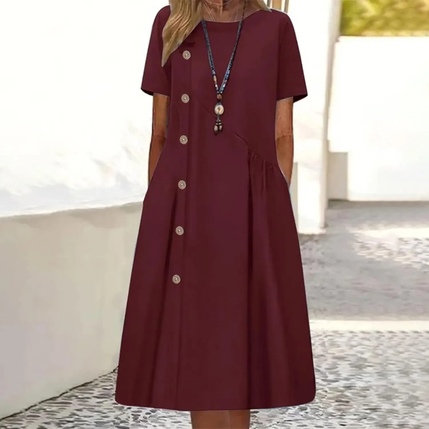 LEMONONSTORE Short Sleeve Summer Dress Women Button Asymmetric Pleated A Line Dresses Casual Beach Midi Dress with Pockets