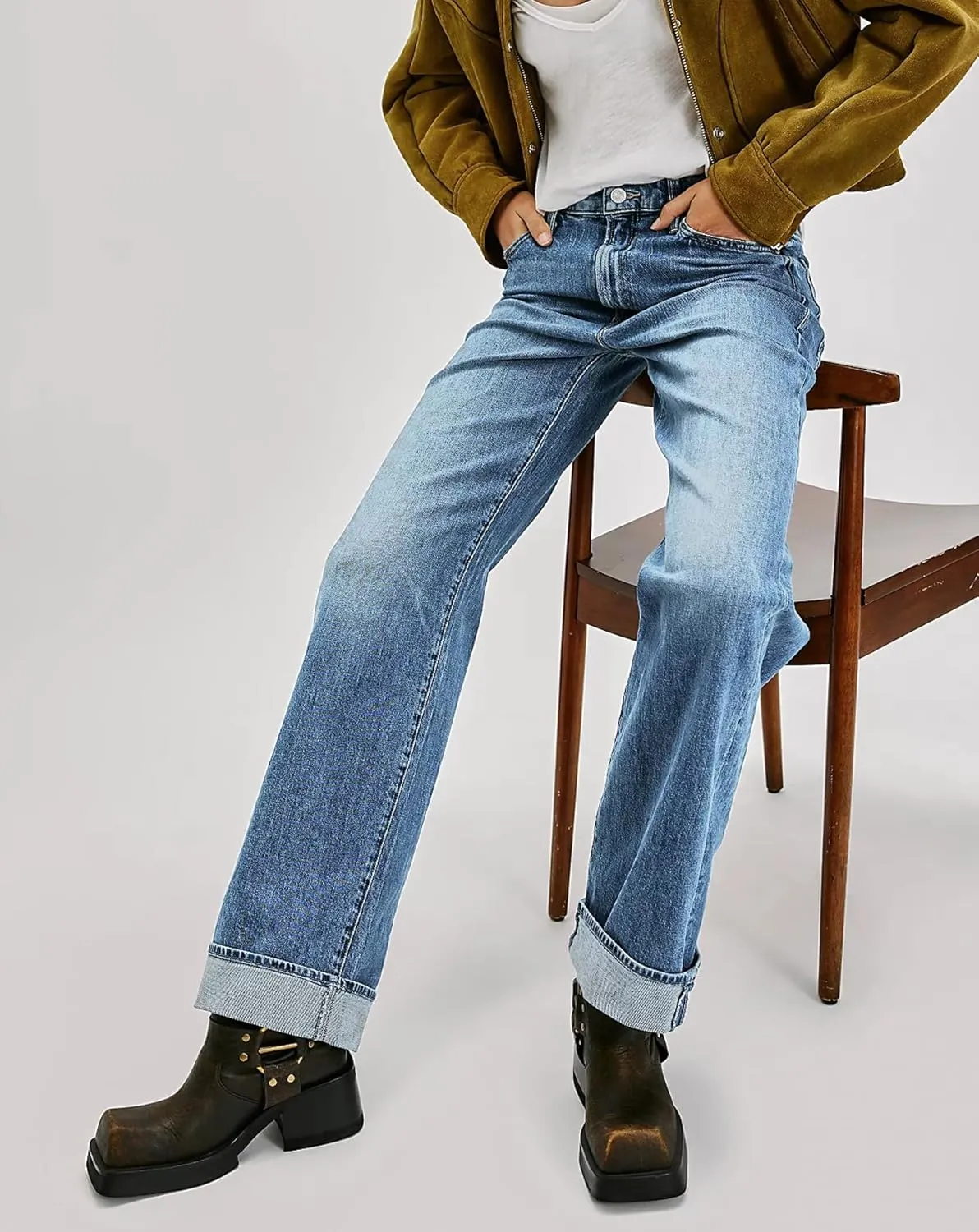 LifeShe Cuffed Jeans for Women Mid Rise Stretchy Straight Leg Jeans Casual Boyfriend Denim Pants