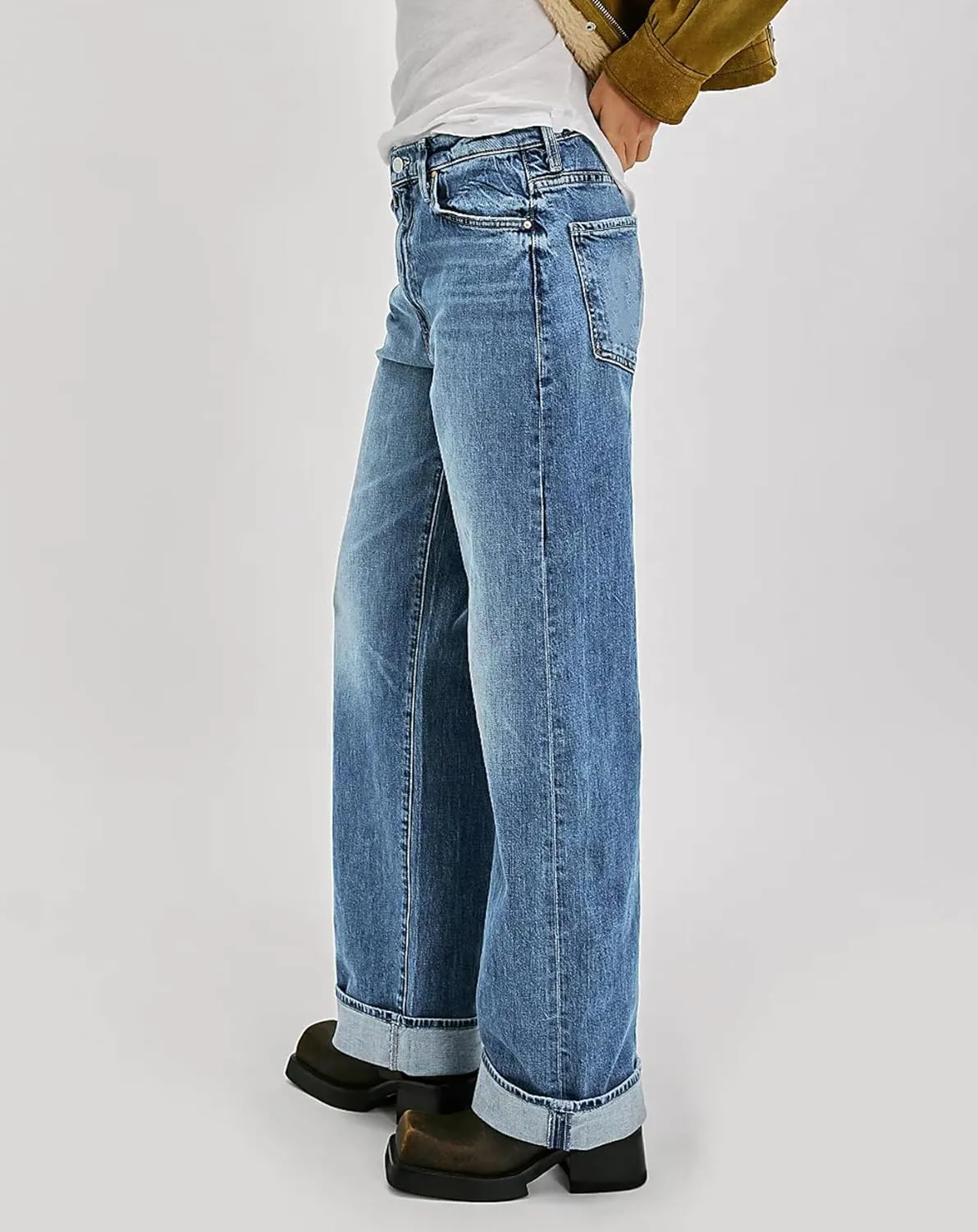 LifeShe Cuffed Jeans for Women Mid Rise Stretchy Straight Leg Jeans Casual Boyfriend Denim Pants
