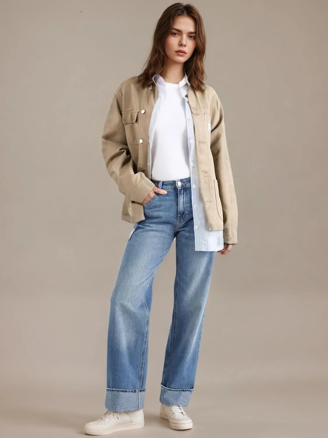 LifeShe Cuffed Jeans for Women Mid Rise Stretchy Straight Leg Jeans Casual Boyfriend Denim Pants