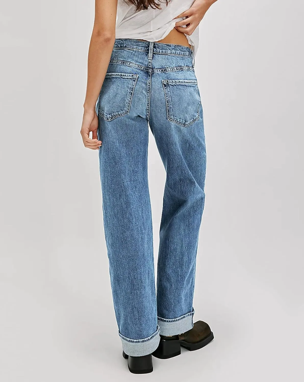 LifeShe Cuffed Jeans for Women Mid Rise Stretchy Straight Leg Jeans Casual Boyfriend Denim Pants