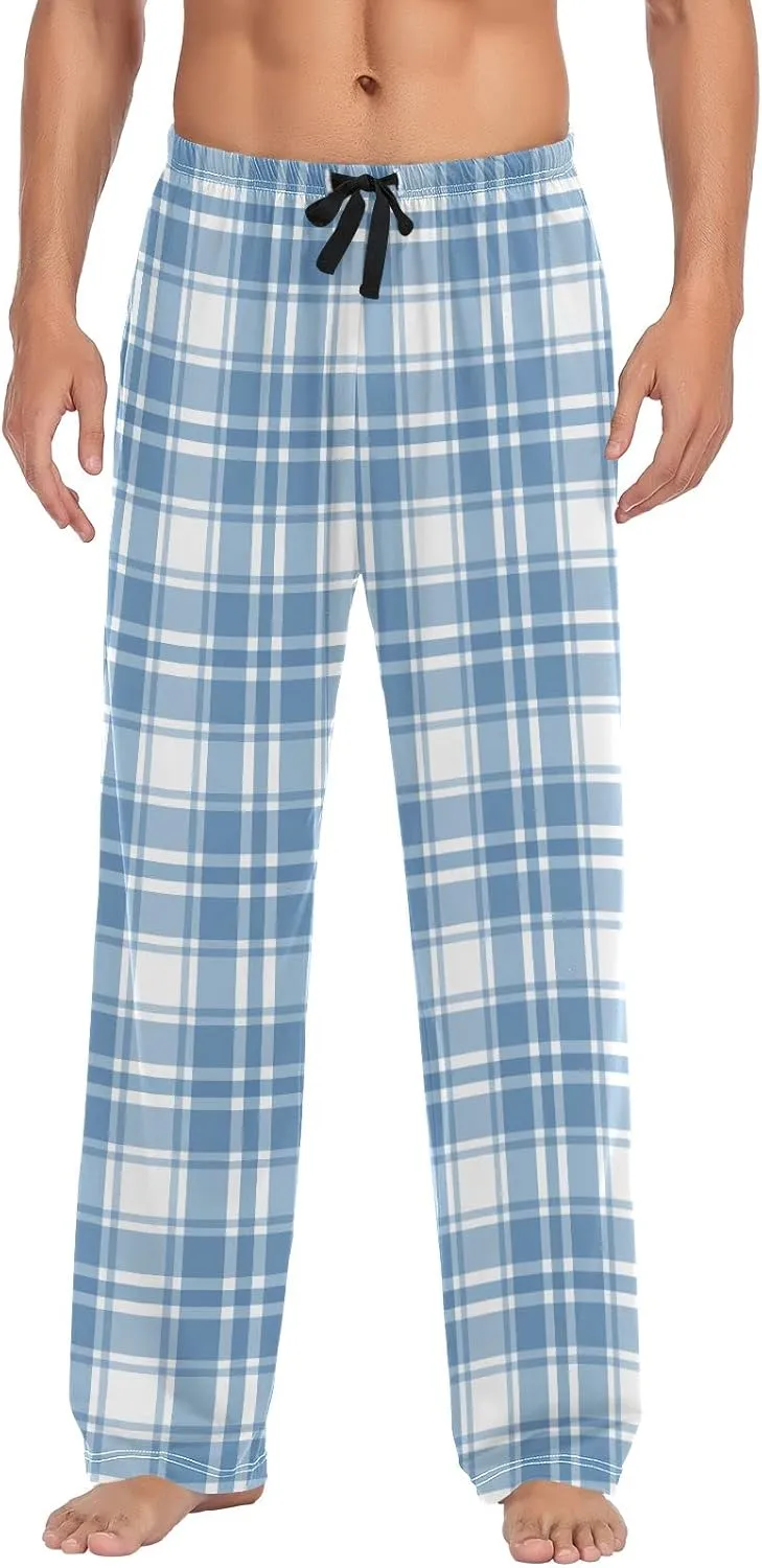 Light Blue Plaid Pajama Pants for Men, Comfortable Mens Lounge Pants with Pockets, Men's Pajama Bottoms