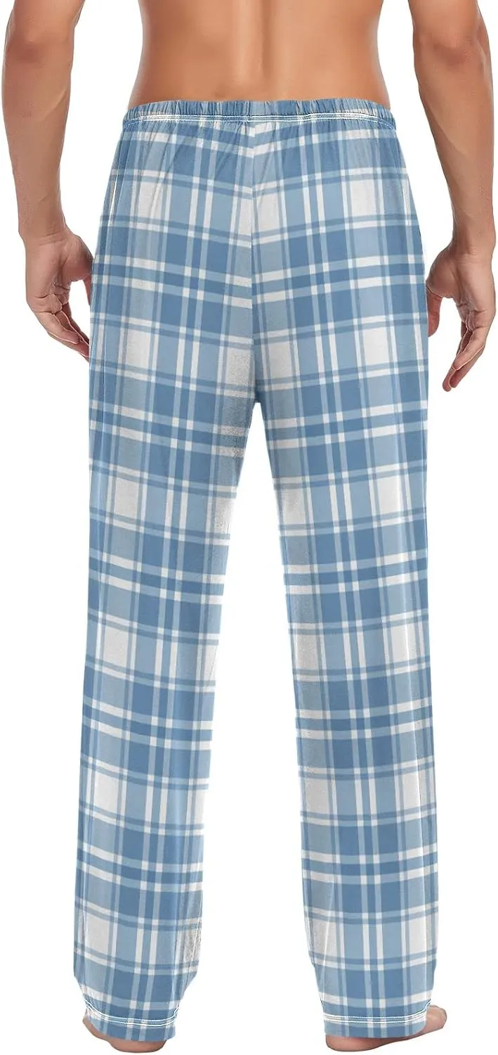 Light Blue Plaid Pajama Pants for Men, Comfortable Mens Lounge Pants with Pockets, Men's Pajama Bottoms