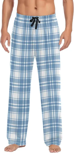 Light Blue Plaid Pajama Pants for Men, Comfortable Mens Lounge Pants with Pockets, Men's Pajama Bottoms