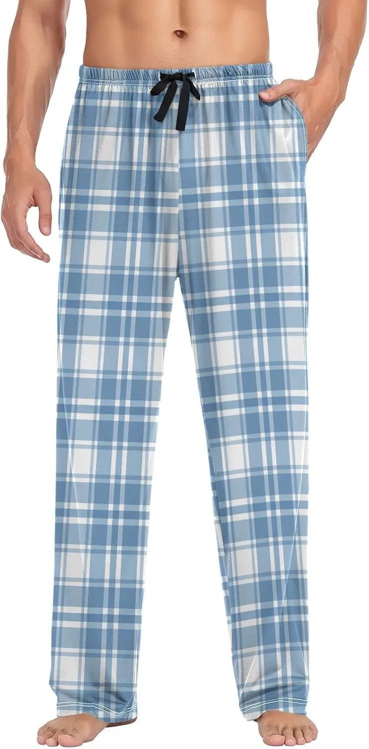 Light Blue Plaid Pajama Pants for Men, Comfortable Mens Lounge Pants with Pockets, Men's Pajama Bottoms