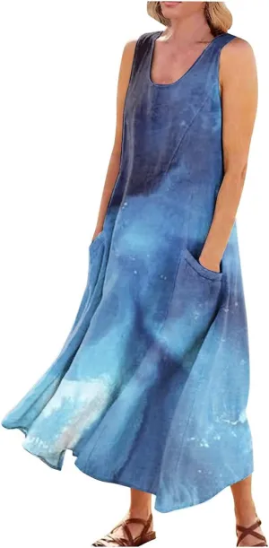 Linen Dress for Women 2024 Summer Printed Sleeveless Maxi Dress Casual Tank Dress Flowy Long Dresses with Pockets