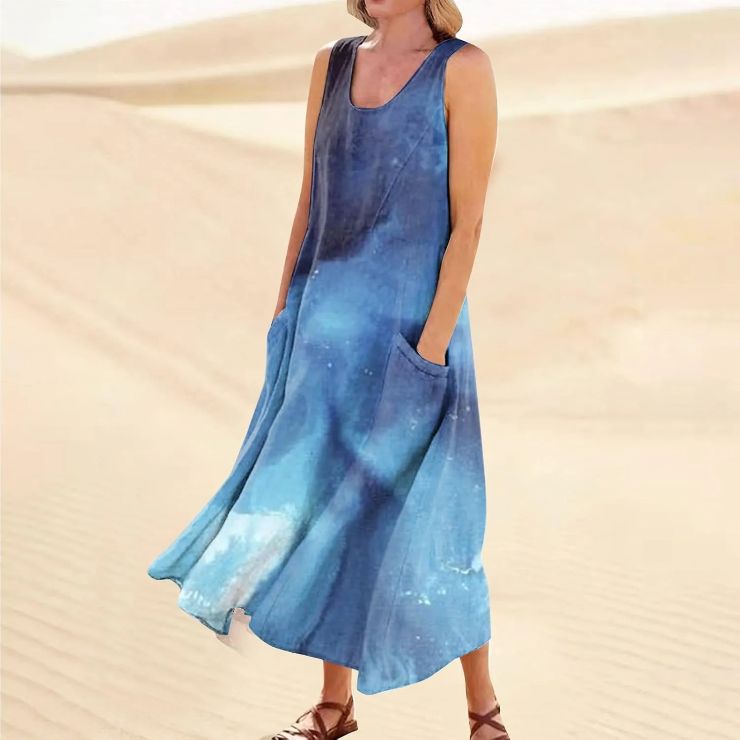 Linen Dress for Women 2024 Summer Printed Sleeveless Maxi Dress Casual Tank Dress Flowy Long Dresses with Pockets