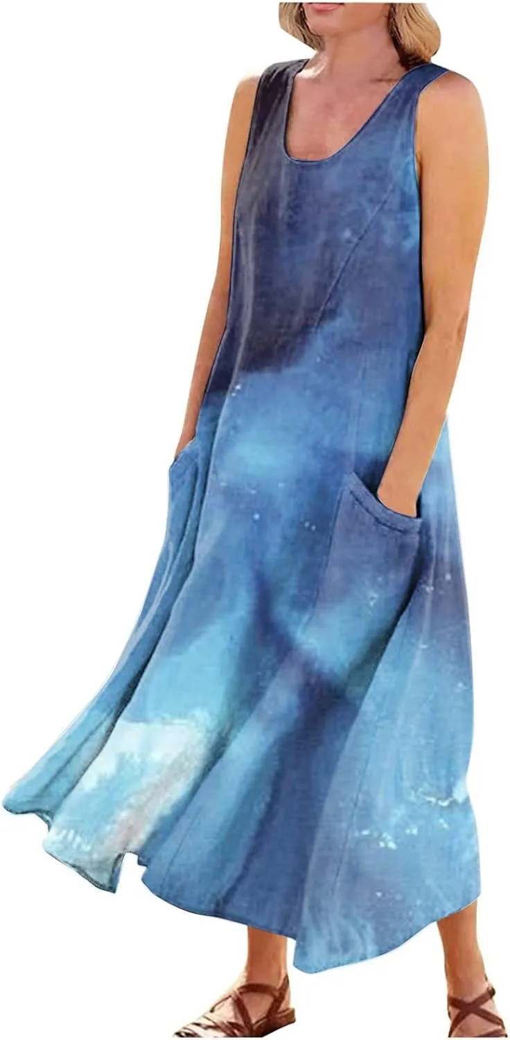 Linen Dress for Women 2024 Summer Printed Sleeveless Maxi Dress Casual Tank Dress Flowy Long Dresses with Pockets