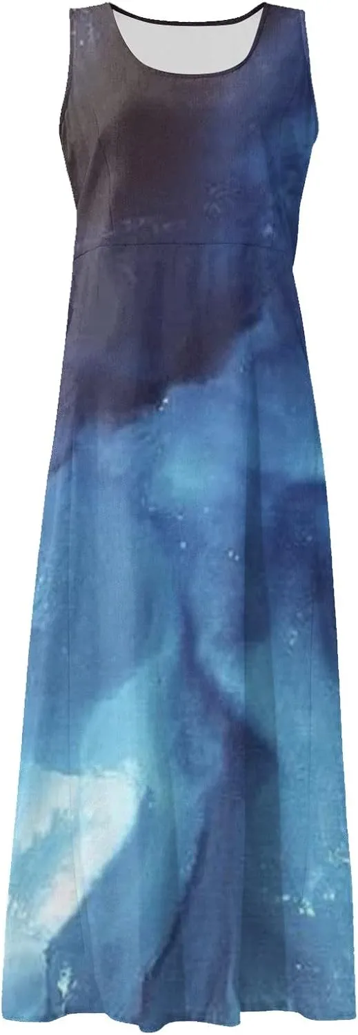 Linen Dress for Women 2024 Summer Printed Sleeveless Maxi Dress Casual Tank Dress Flowy Long Dresses with Pockets