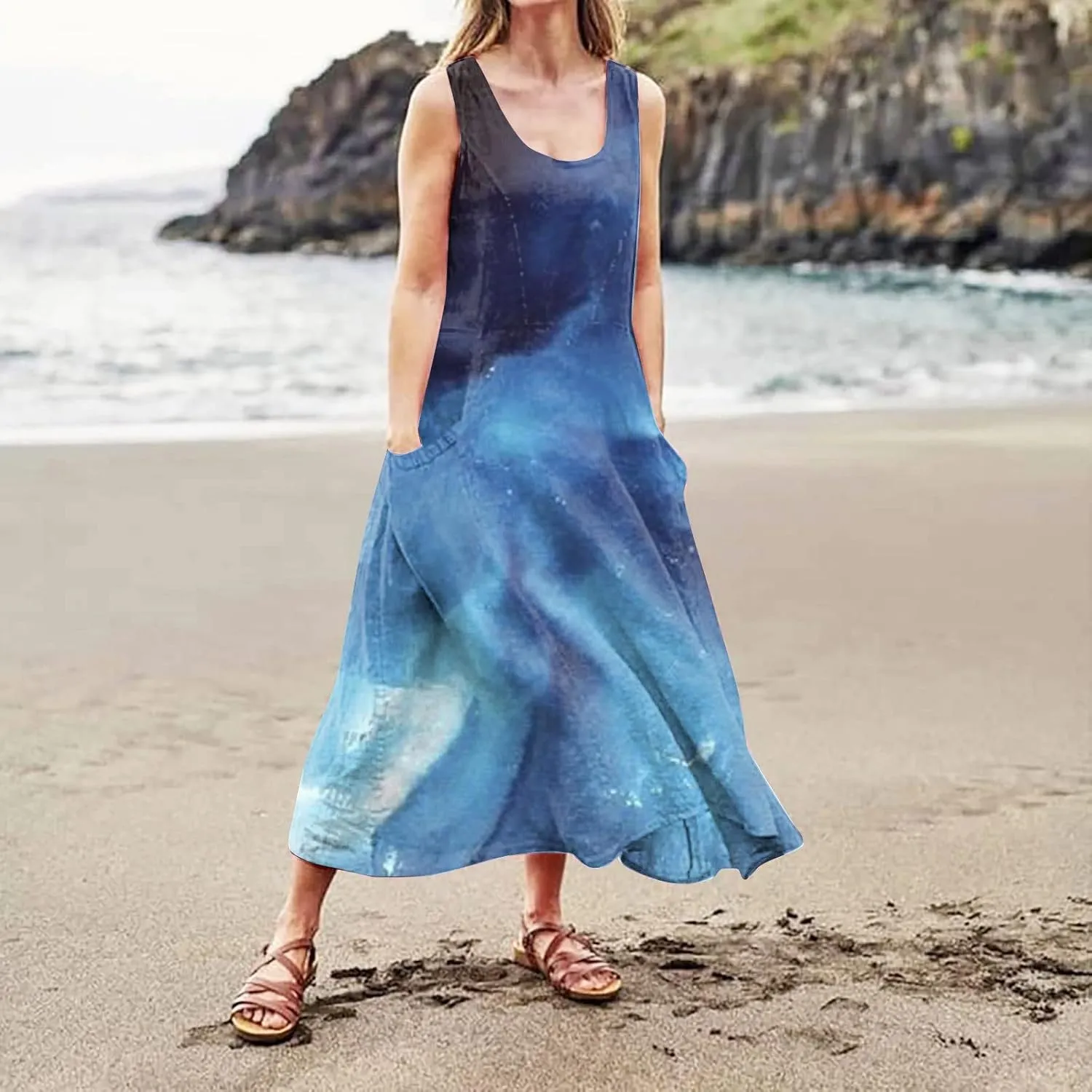 Linen Dress for Women 2024 Summer Printed Sleeveless Maxi Dress Casual Tank Dress Flowy Long Dresses with Pockets