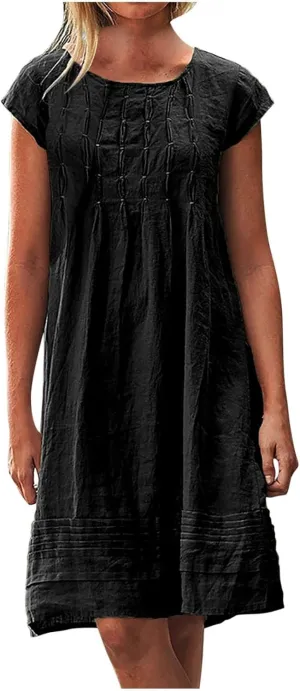 Linen Dress for Women Pleated Summer Dresses Short Sleeve Crewneck Slim Mini Dresses Petite Beach Vacation Sundress