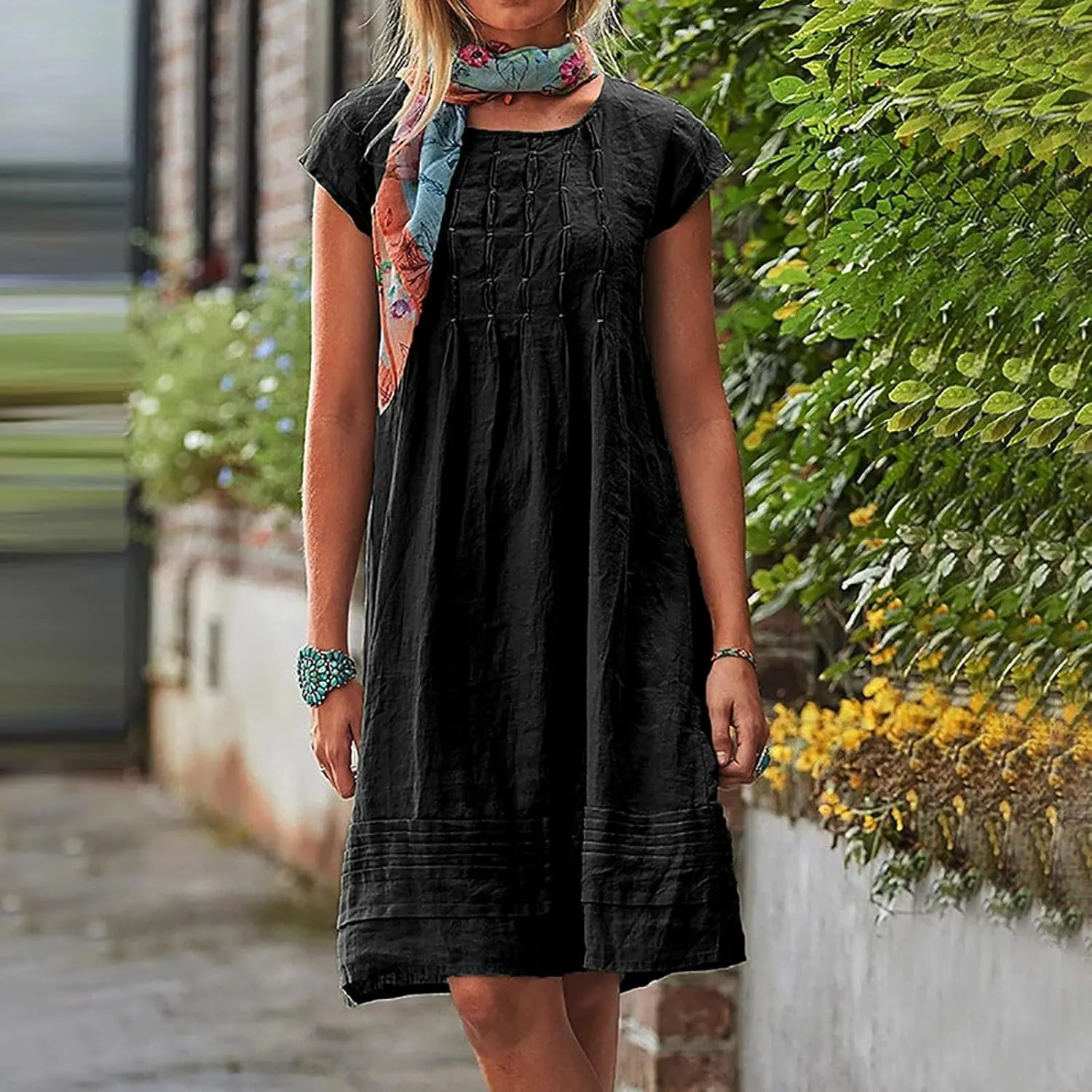 Linen Dress for Women Pleated Summer Dresses Short Sleeve Crewneck Slim Mini Dresses Petite Beach Vacation Sundress