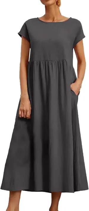 Linen Dress for Women Summer 2025 Baggy Crew Neck Short Sleeve Maxi Dresses Cotton Casual Beach Clothes with Pockets