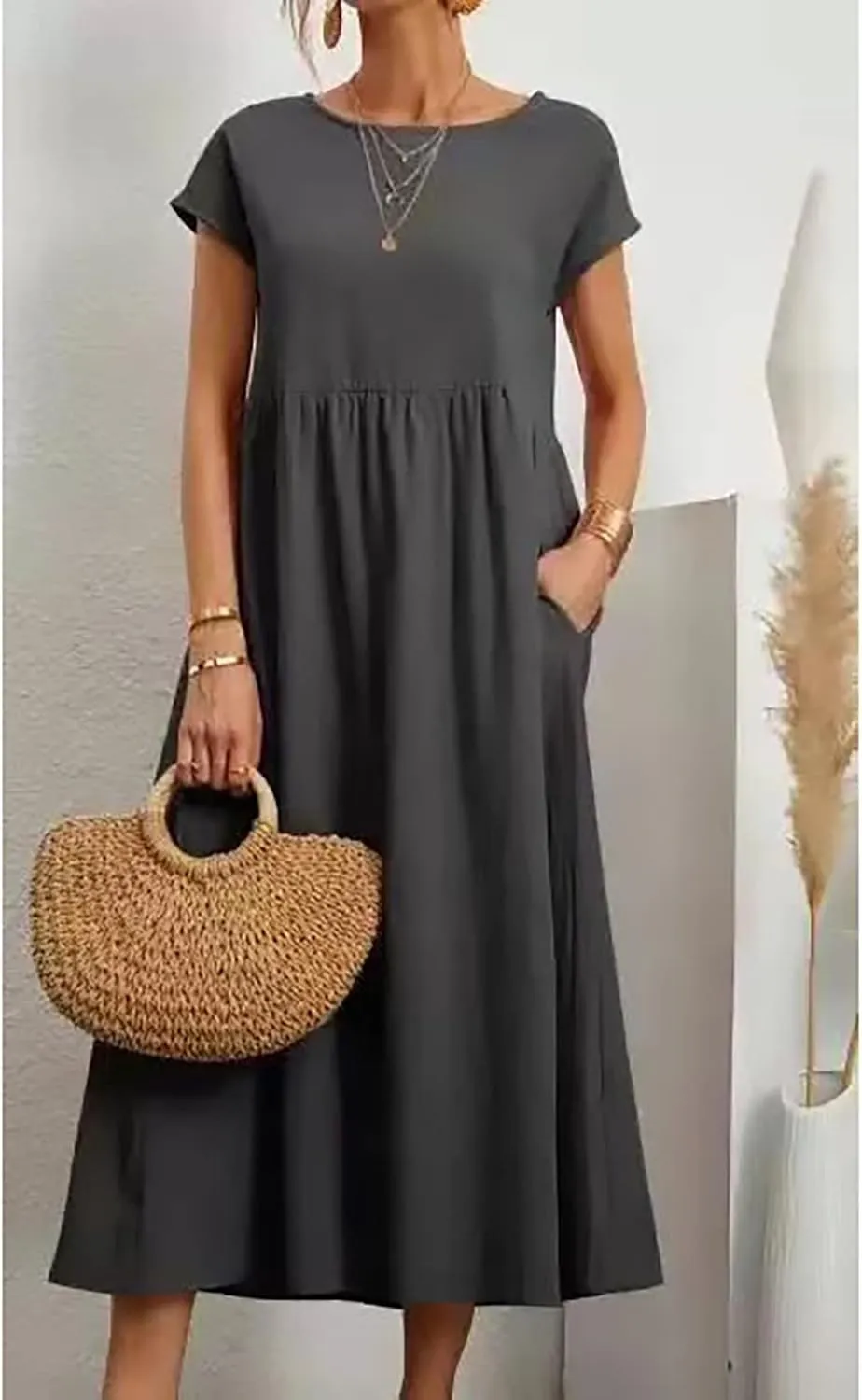 Linen Dress for Women Summer 2025 Baggy Crew Neck Short Sleeve Maxi Dresses Cotton Casual Beach Clothes with Pockets