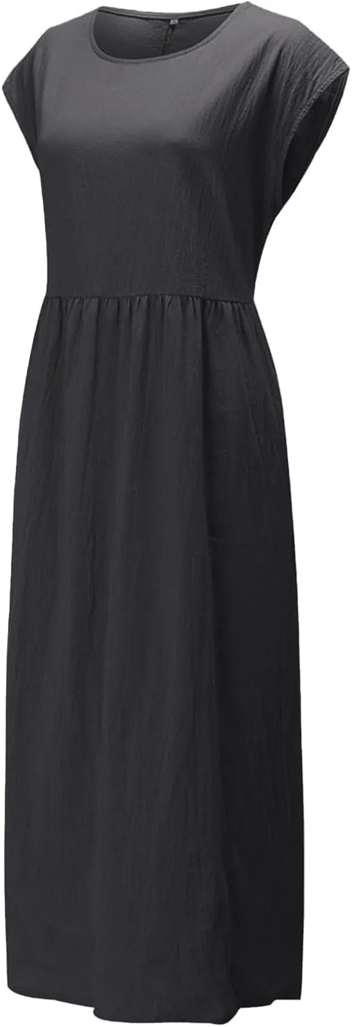 Linen Dress for Women Summer 2025 Baggy Crew Neck Short Sleeve Maxi Dresses Cotton Casual Beach Clothes with Pockets