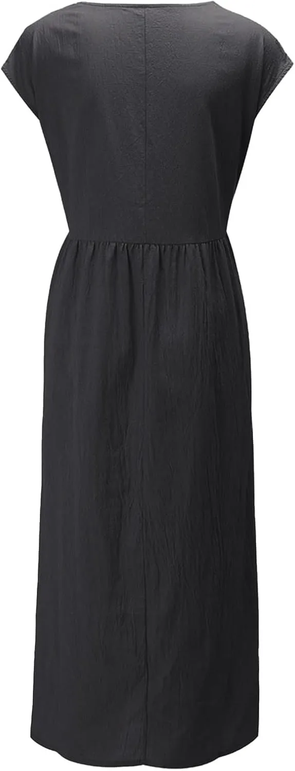 Linen Dress for Women Summer 2025 Baggy Crew Neck Short Sleeve Maxi Dresses Cotton Casual Beach Clothes with Pockets
