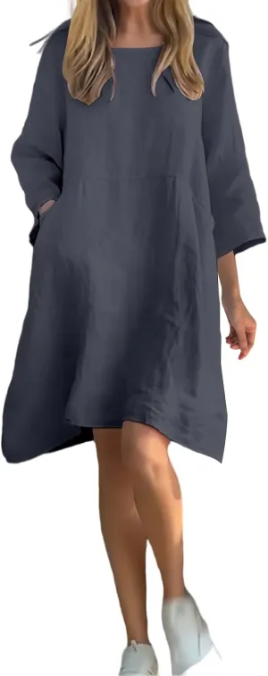 Linen Dress Women 2025 3/4 Sleeve Crewneck Dresses Casual Plus Size Midi Dresses Loose Summer Dress with Pockets