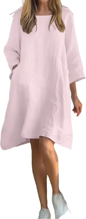 Linen Dress Women 2025 3/4 Sleeve Crewneck Dresses Casual Plus Size Midi Dresses Loose Summer Dress with Pockets