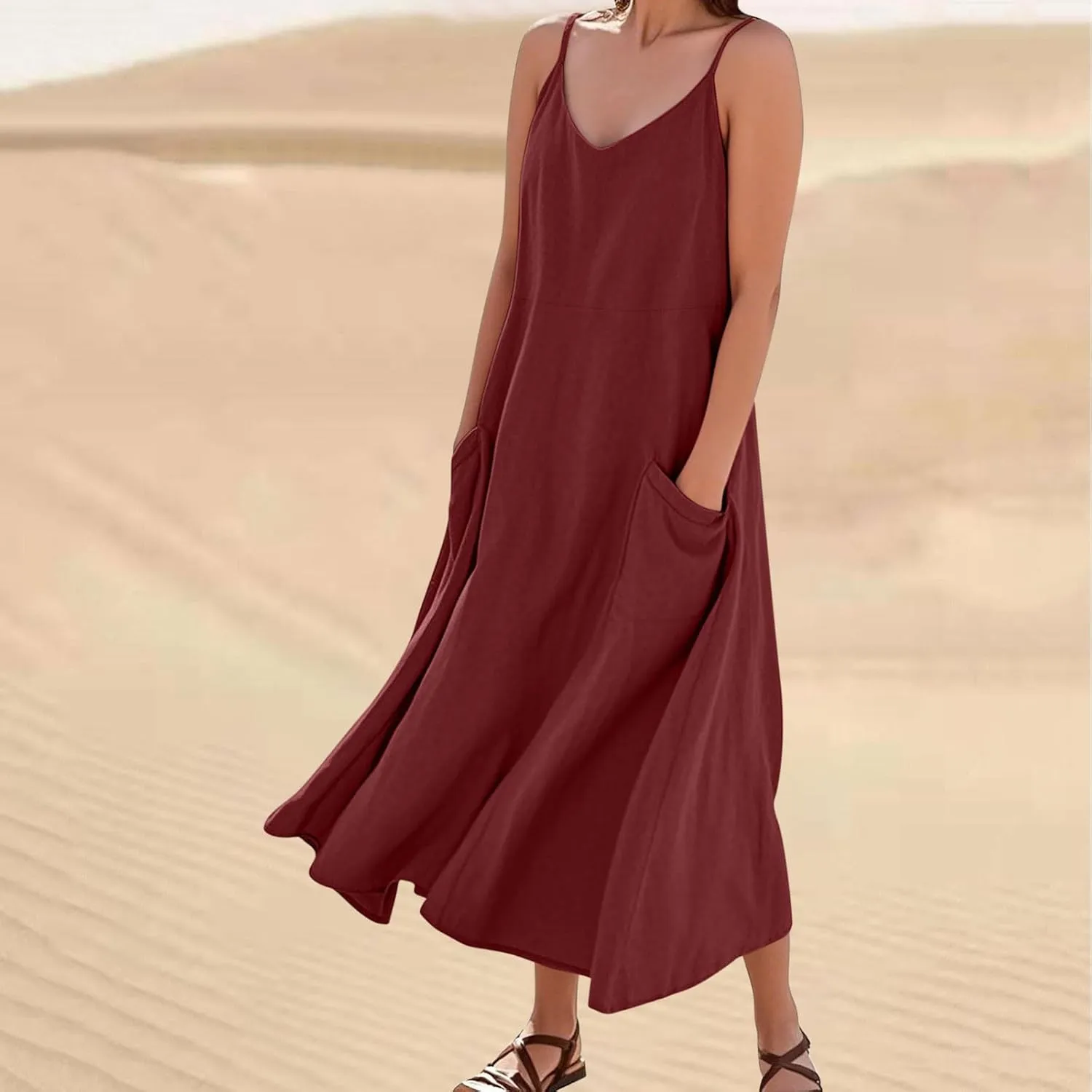 Linen Dresses for Women 2025 Vacation Spaghetti Strap Sleeveless Flowy Sundress Loose Comfy Beach Midi Dress Pockets
