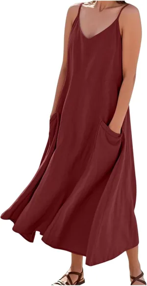 Linen Dresses for Women 2025 Vacation Spaghetti Strap Sleeveless Flowy Sundress Loose Comfy Beach Midi Dress Pockets