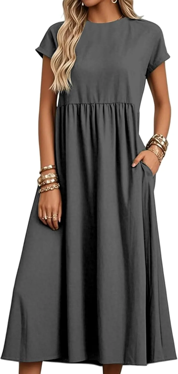 Linen Dresses for Women Summer Crew Neck Short Sleeve Maxi Dress Comfy Breathable Pleat Hem Beach Dress with Pockets