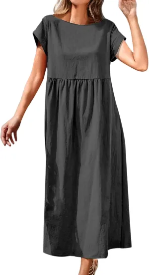 Linen Dresses for Women Summer Crew Neck Short Sleeve Maxi Dress Comfy Breathable Pleat Hem Beach Dress with Pockets